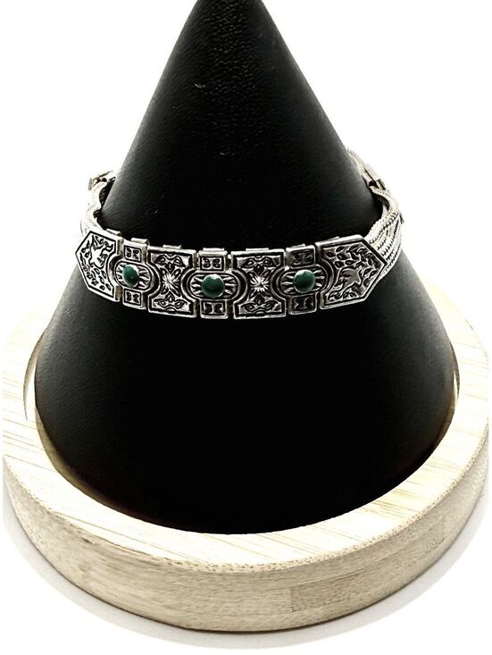 Jewelry - Sterling Silver Byzantine-Style Multi-Strand Bracelet with Green Cabochons